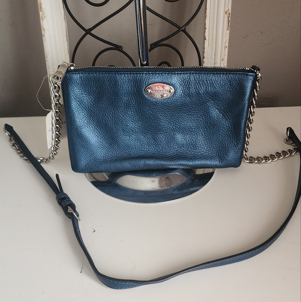 Coach Quinn Metallic Blue Leather Crossbody Bag NWT - Picture 5 of 5
